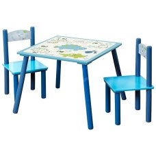Παιδικό Τραπέζάκι Ξύλινο Γαλάζιο  Με Δύο Καρέκλες (Δεινόσαυροι)